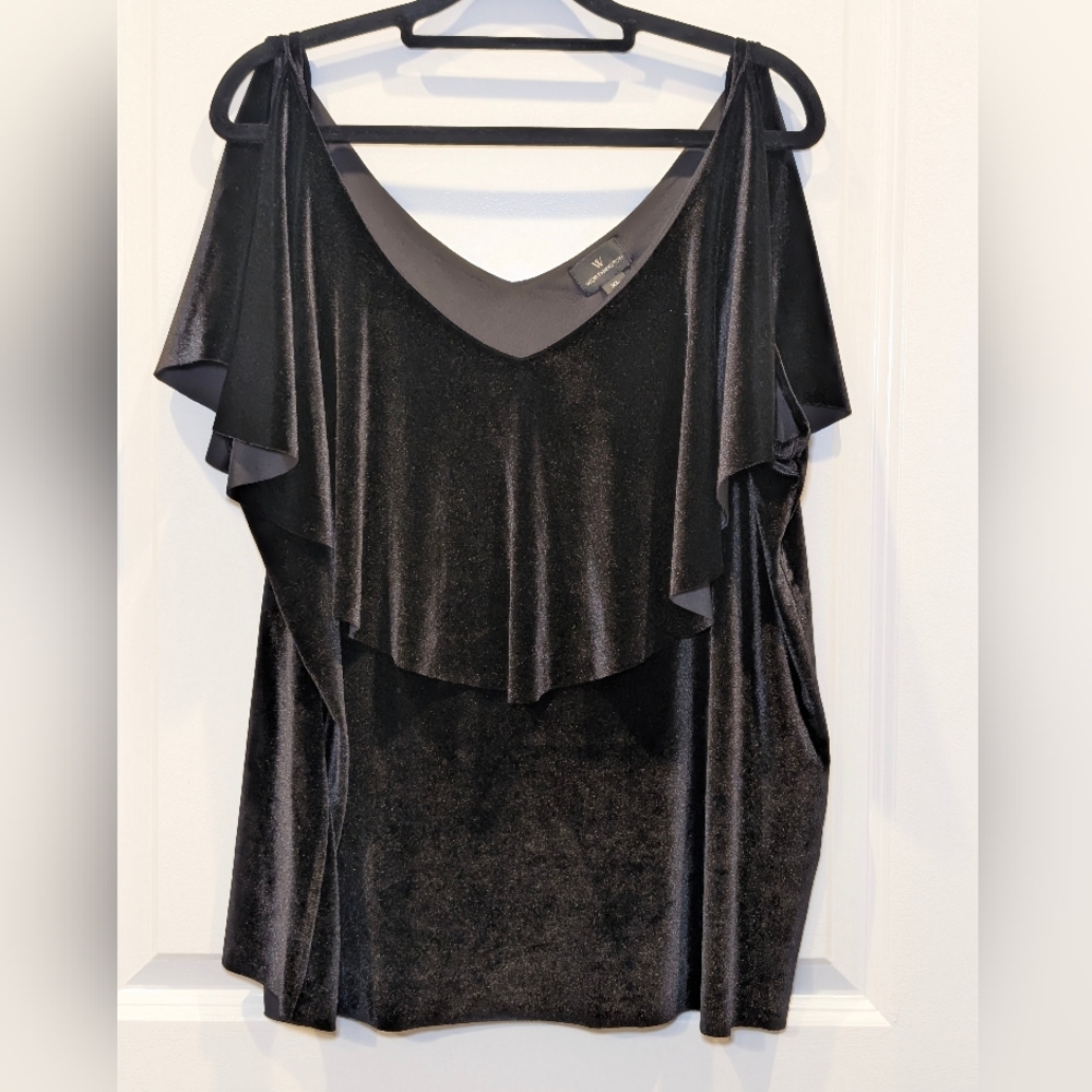 Worthington Black Velvet Top XL Cold Shoulder Ruffle Holiday Party New Year's